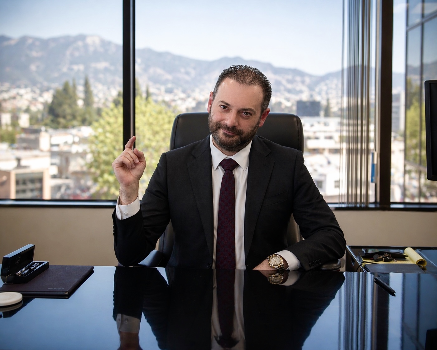 Harry H. Terzian, founding attorney at Red Rock Lemon Law, photographed in his Burbank office with the San Gabriel mountains beyond